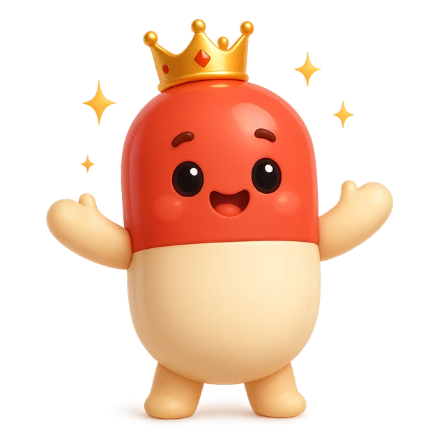 Pilly wearing a crown, the PillPal mascot celebrating
