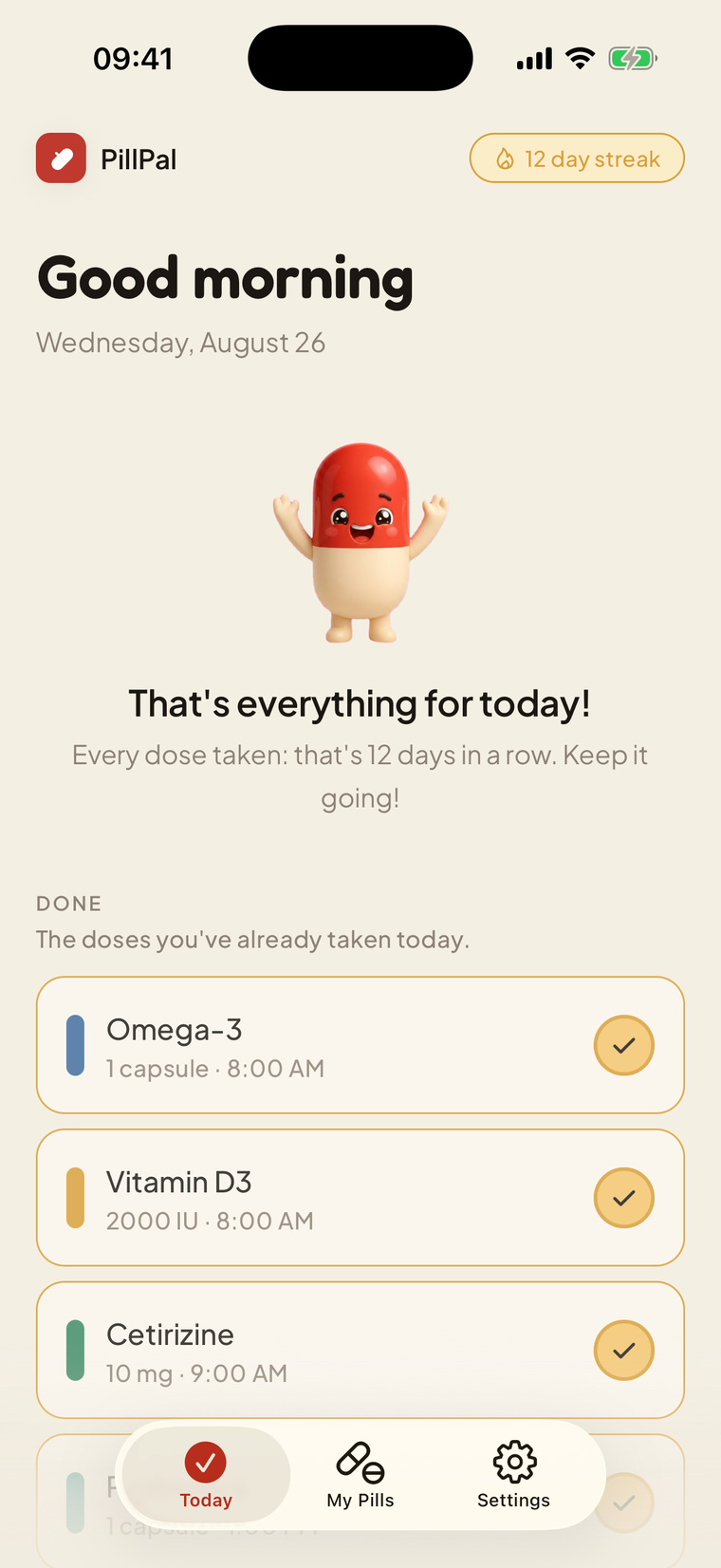 PillPal Today screen after all doses are taken, with the mascot celebrating a 12-day streak