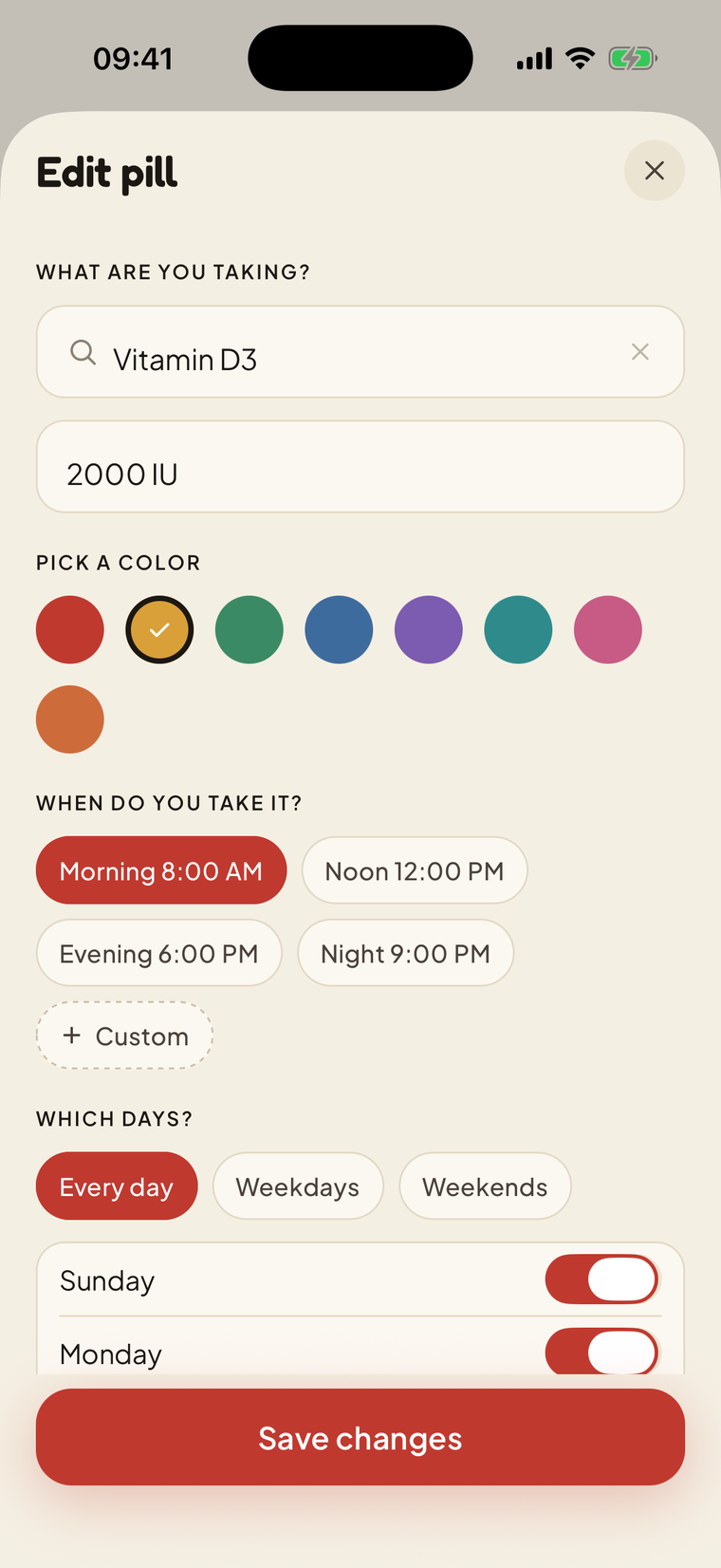 PillPal add pill screen with search, dosage, colour and time presets