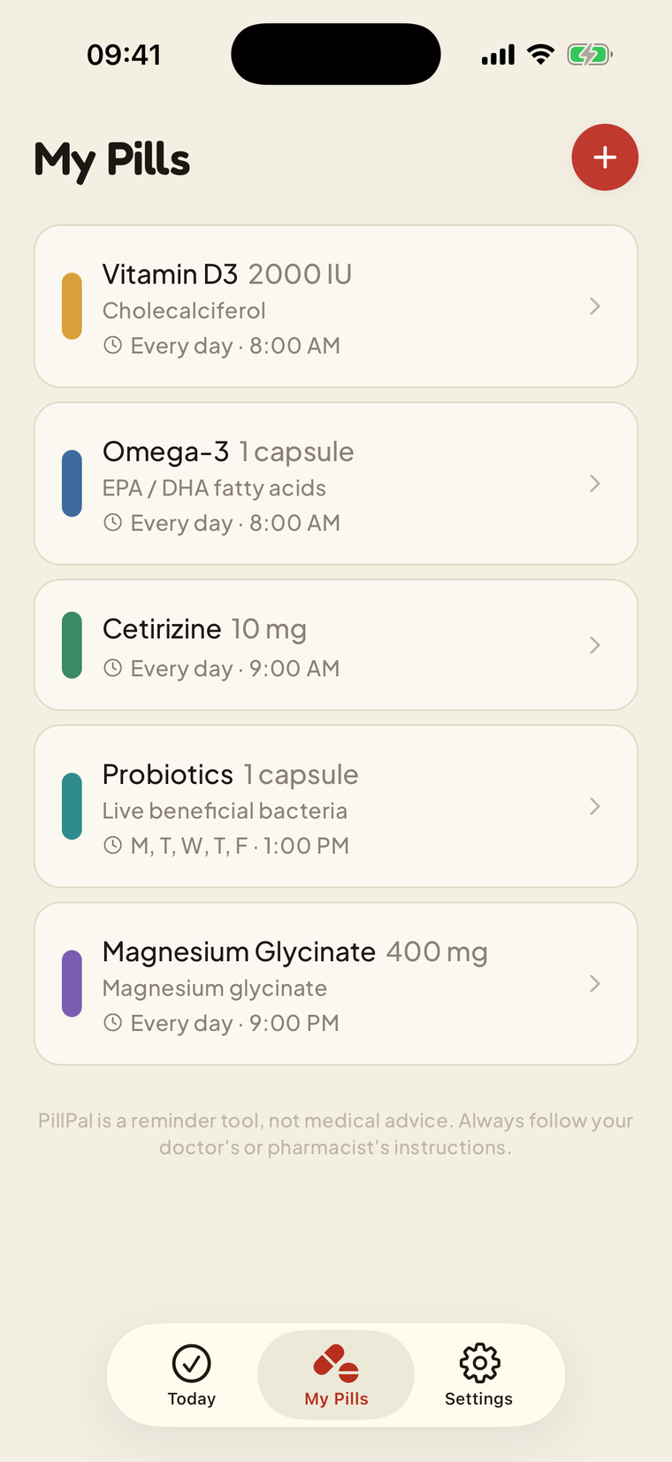 PillPal My Pills screen listing pills with their schedules